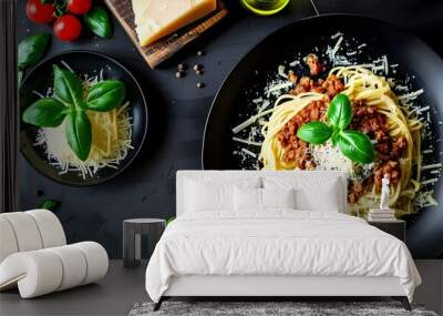 Elegant black plate showcasing spaghetti bolognese topped with parmesan cheese and fresh basil leaves Wall mural