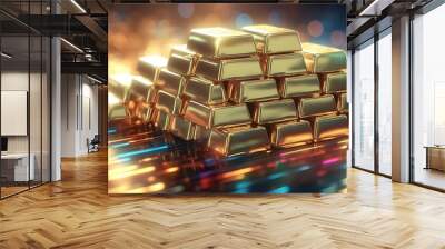 Elegant display of stacked gold bars radiating wealth and investment security, illuminated by light reflections Wall mural