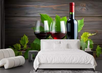 Elegant red wine with lush green leaf accentuating the rich hues of the glass and bottle Wall mural