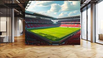 Empty football field in a sunny stadium with green grass and clear blue sky, ready for a grand tournament event in springtime Wall mural