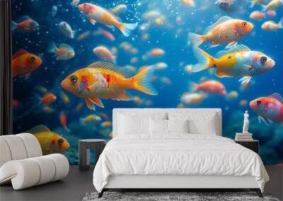 Enchanting underwater world with vibrant school of fish swimming through crystal-clear blue waters illuminated by soft, magical light Wall mural