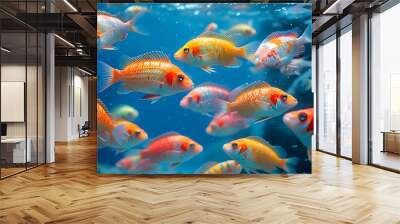 Enchanting underwater world with vibrant school of fish swimming through crystal-clear blue waters illuminated by soft, magical light Wall mural