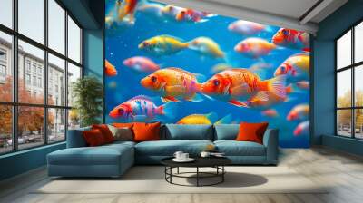 Enchanting underwater world with vibrant school of fish swimming through crystal-clear blue waters illuminated by soft, magical light Wall mural