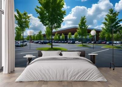 Expansive asphalt parking lot adorned with trees under a blue sky and white clouds, featuring a prominent hall building in the backdrop Wall mural