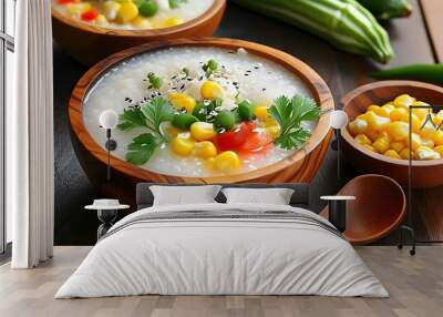 Flavorful South American Kuskus Corn and Vegetable Porridge in Rustic Wooden Bowl Wall mural