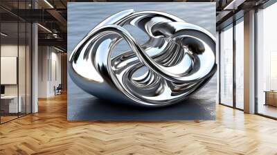 Flowing Chrome Metallic Wave: A 3D Abstract Rendering of Dynamic Metal Shapes Wall mural