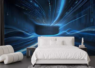 Futuristic abstract design featuring blue sound waves, coding textures, and dynamic cloud computing shapes in a vibrant metaverse backdrop Wall mural