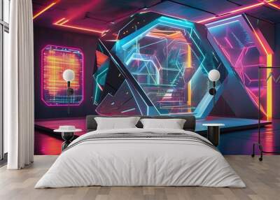 Futuristic neon block architecture showcasing the impact of technology and data-driven solutions with geometric illumination Wall mural