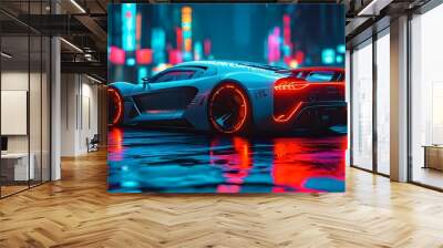 Futuristic sports car gliding through a neon-lit cityscape at night, featuring a sleek design and vibrant reflections on a wet asphalt road Wall mural