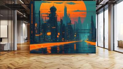 Futuristic urban landscape at sunset with vibrant neon details and bold architectural elements in a retro visual style Wall mural