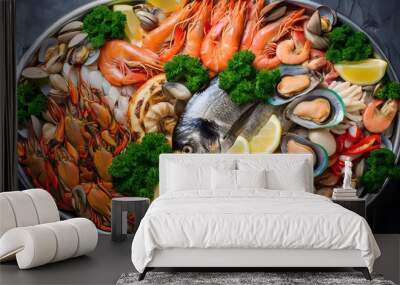 Gourmet seafood platter featuring an array of fresh delicacies with vibrant garnishes and elegant presentation Wall mural