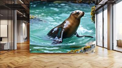 Graceful sea lion glides through turquoise ocean waters, surrounded by rocks and vibrant marine life, embodying freedom and the elegance of the underwater world Wall mural