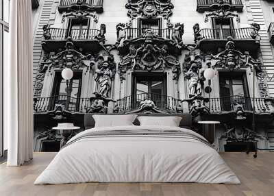 Grayscale Elegance of Ornate Barcelona Facade Showcasing Sculptures, Balconies and Architectural Details as a Tribute to European Urban Artistic Heritage Wall mural