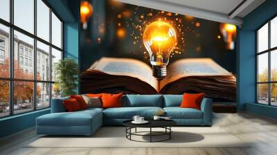 Illuminating ideas: a floating light bulb radiating creativity above an open book, representing the fusion of innovation and knowledge. Wall mural