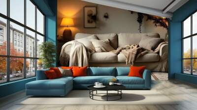 Inviting living room illuminated by warm lighting, featuring a comfortable couch draped with a soft blanket Wall mural