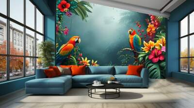 Lush tropical jungle alive with vibrant parrots and exotic flowers set against a mystical misty backdrop Wall mural