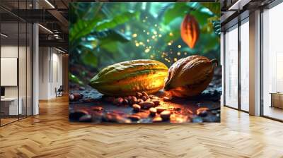 Lush tropical rainforest showcasing vibrant cocoa pods and beans illuminated by enchanting glowing light effects Wall mural