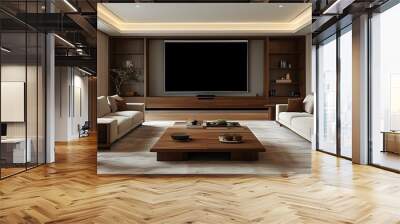 Luxury minimalist living room featuring a central large screen projection surrounded by a wooden table and sofa Wall mural