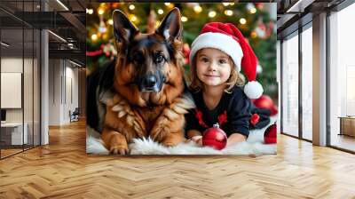 Magical Christmas Moment with Little Girl and German Shepherd Surrounded by Festive Decorations Wall mural