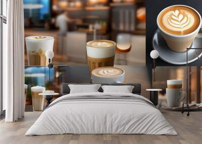 Nighttime coffee shop ambiance featuring a latte on the table against a cozy backdrop. Wall mural