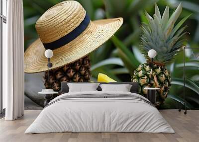 Pineapple with a straw hat and a vibrant slice of pineapple nearby Wall mural