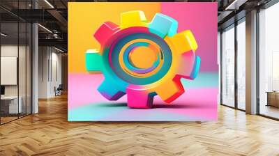 Playful 3D Render of a Cartoonish Cogwheel Gear in Minimalist Plastic Style Wall mural