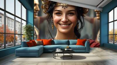 Radiant woman embodying Roman elegance through timeless fashion and vibrant smile Wall mural