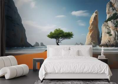 Resilient tree amidst vibrant orange sand and towering rock formations, highlighting natures stunning contrast Wall mural