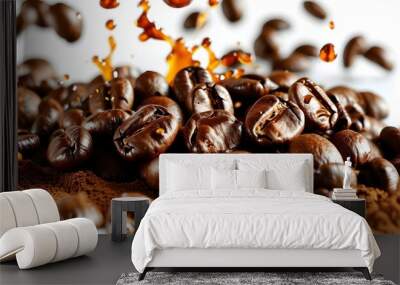 Rich coffee dripping from freshly ground beans against a clean white backdrop Wall mural