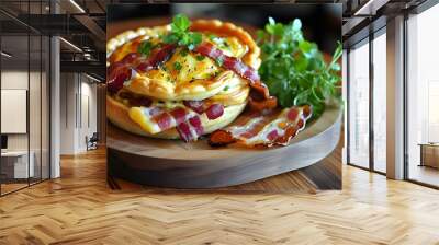 Savory bacon and cheese quiche lorraine presented on a rustic wooden board, enhanced with fresh herbs for a vibrant touch. Wall mural