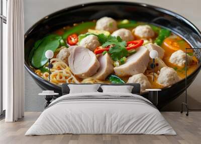 Savory Thai noodle soup featuring tender pork slices, flavorful meatballs, and vibrant vegetables. Wall mural