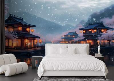 serene Japanese village illuminated by lanterns under falling snow with cherry blossom trees creating a tranquil winter landscape Wall mural