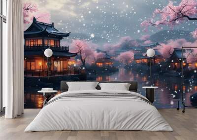 serene Japanese village illuminated by lanterns under falling snow with cherry blossom trees creating a tranquil winter landscape Wall mural