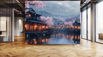 serene Japanese village illuminated by lanterns under falling snow with cherry blossom trees creating a tranquil winter landscape Wall mural