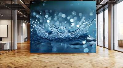 Serene splash of water droplets on blue surface creating dreamy bokeh effect, embodying movement and fluidity Wall mural