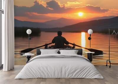 Serene sunset rowing on a tranquil lake Wall mural