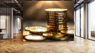 Shiny new gold coins arranged in ascending order illuminated by a spotlight against a blurred background Wall mural