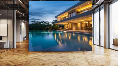 Sleek modern house with illuminated design and tranquil pool area at dusk Wall mural