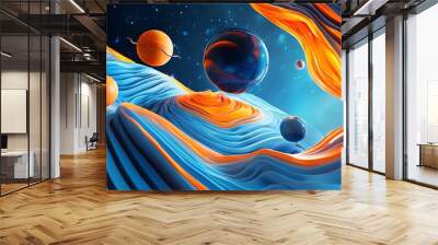 Surreal 3D landscape of layered waves in blue and orange with floating spherical objects resembling distant planets in an imaginative cosmic environment Wall mural