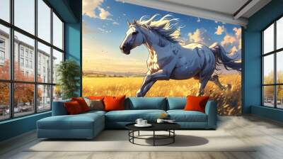 The white horse running on the golden grassland, the sun shines down, creating a dreamy atmosphere. Wall mural