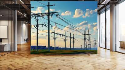 Urban landscape featuring high power electricity poles integrated with smart grid technology for efficient energy transmission and distribution Wall mural