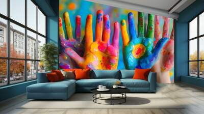 Vibrant Art Deco Colors and Creativity: An Abstract Expression of an Artists Hands at Play Wall mural