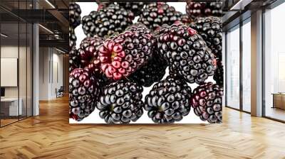 Vibrant blackberries with lush green leaves on a clean white background, embodying the essence of fresh fruit and healthy nutrition Wall mural