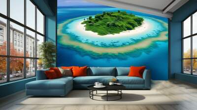 Vibrant coral atoll embraced by turquoise waters and sandy beaches, showcasing the richness of tropical island ecosystems and marine life treasures. Wall mural