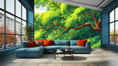 Vibrant depiction of a lush green tree with sprawling branches and intricate foliage, representing nature, growth, and resilience Wall mural