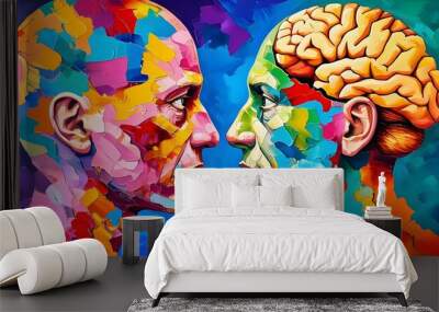 Vibrant depiction of two brains in conversation, illustrating the interplay of ideas and emotions. Wall mural