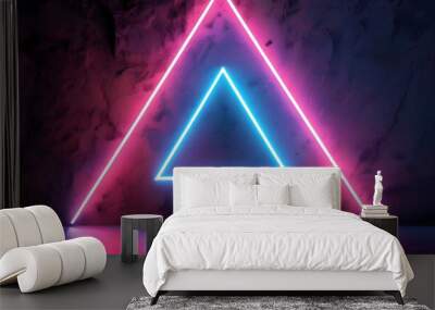 Vibrant geometric triangle designs illuminated by neon lasers creating a striking backdrop Wall mural