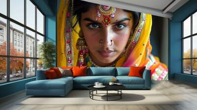 Vibrant hands of Indian woman adorned in colorful attire, embodying faith and culture while preparing for a traditional Bollywood celebration. Wall mural