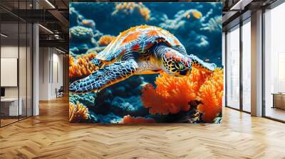 Vibrant sea turtle swimming over bright orange corals in a colorful tropical reef, showcasing the beauty of marine life and underwater ecosystems Wall mural