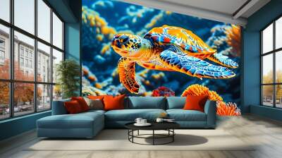 Vibrant sea turtle swimming over bright orange corals in a colorful tropical reef, showcasing the beauty of marine life and underwater ecosystems Wall mural